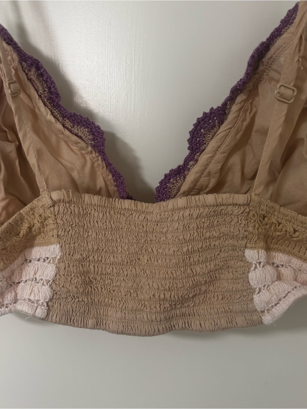 Crochet Lace-Trim Camisole Bralette in Cream and Purple - Picture 8 of 10